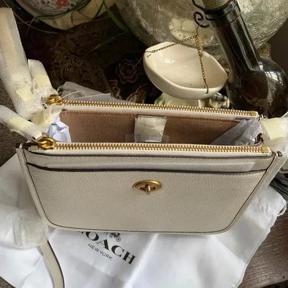 Authentic COACH 1941 Pebbled metallic gold leather 2 zip/Snap/Turnlock Crossbody Ruby Luxury