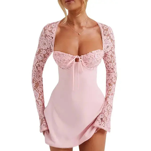 Luxury Pink Lace Party Dress for Women - Ruby Luxury - Ruby Luxury