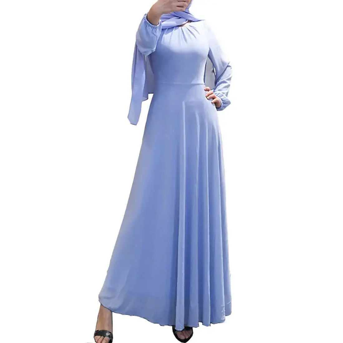 Womens Chiffon Kaftan Abaya Dress Muslim Long Sleeve Self Tie Flowy Maxi Dress Islamic Evening Gown (20243-Sky Blue M) Ruby Luxury