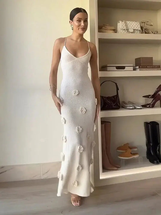 Elegant 3D Flower Sling Maxi Dress Ruby Luxury